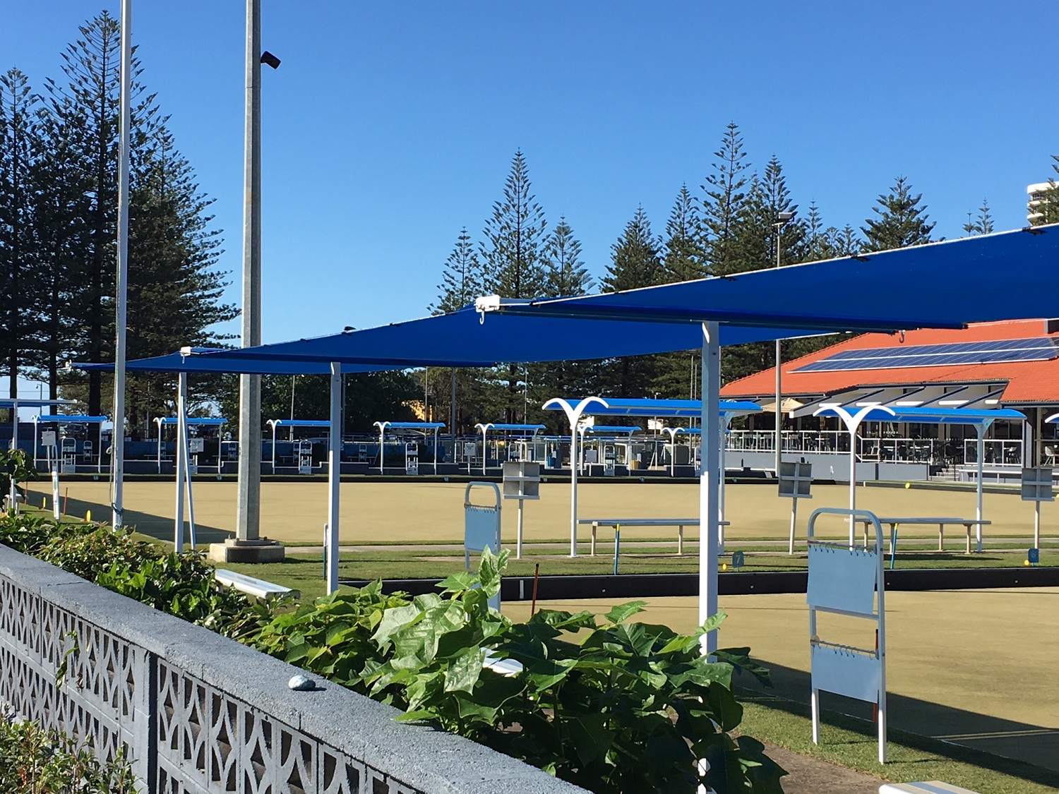 Coolshade aquablue fabric shades at Broadbeach Bowls Club